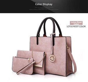 Detailed set of lotus root pink leather tote with chain pouch and maple leaf charm