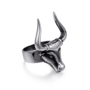 Vintage titanium steel bull head ring with antique silver finish and punk details