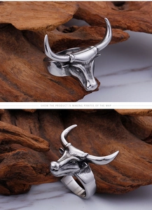 Macro detail of retro bull head ring showing intricate facial relief and long horn texture