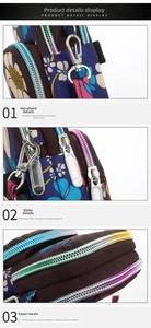 Detail of floral arm bag featuring detachable strap hook and durable metal zipper