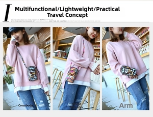 Three-way view of printed sports arm bag showing crossbody, shoulder, and arm wearing styles