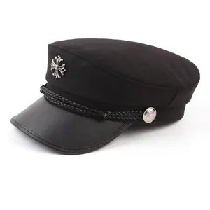 Black Woolen Military Cap With PU Leather Brim Silver Metal Cross Badge Braided Rope Flat Top Sailor Newsboy Hat For Men Women