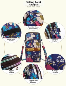 Detail view of tropical floral arm bag featuring adjustable strap and metal zippers