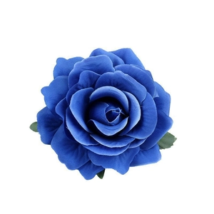 Vibrant blue artificial rose hair clip with green leaves for Bohemian party hairstyles