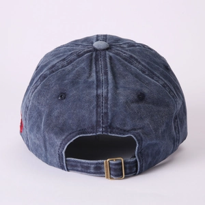 Vintage washed navy blue denim baseball cap with embroidery and adjustable metal buckle