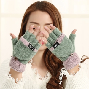 Mitaines convertibles en tricot pour femmes avec rabat bicolore vert et violet chaud