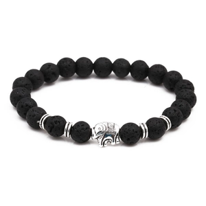8mm schwarzes Lavastein-Armband für Herren mit einem silbernen Elefanten-Charm-Anhänger