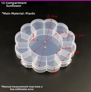 Detailed dimensions of a 13-compartment sunflower shaped clear jewelry storage box