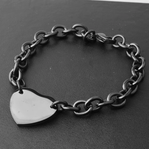Polished stainless steel heart pendant bracelet on chunky chain link with dark finish