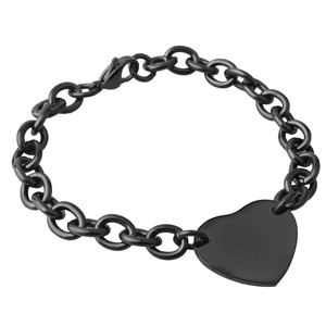 Detail view of a black metal link chain bracelet with a flat heart pendant on white back