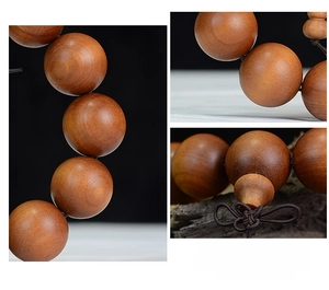 Detailed macro view of dark brown sandalwood prayer beads with fine wood grain and knots