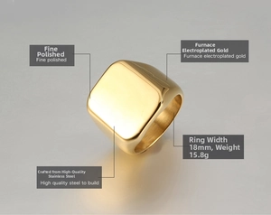 Detailed view of 18mm wide gold square signet ring in polished stainless steel