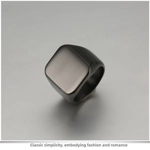 Polished black titanium steel signet ring with a smooth square face and mirror finish