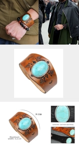 Close-up of wide leather bracelet showing turquoise inlay and engraved ethnic patterns