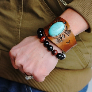 Ethnic wide brown leather bracelet with large turquoise stone and eagle totem
