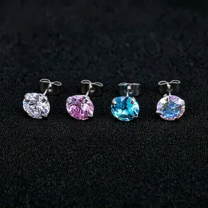 Classic stainless steel four-prong stud earrings with round-cut zircon in multi-color set