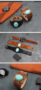 Detailed view of ethnic leather cuff bracelet with turquoise inlay and eagle totem
