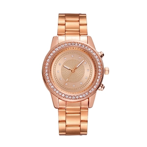Women's rose gold quartz watch with diamond bezel and metallic link bracelet strap