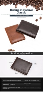 Detailed view of slim pigskin leather wallet showing dimensions 12x9x0.8cm and interior slots