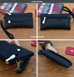 Four views of black woven texture clutch bag with golden zipper and wrist strap detail