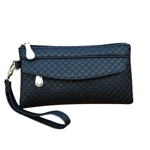 Minimalist black quilted wristlet clutch bag with embossed lattice pattern and gold zipper