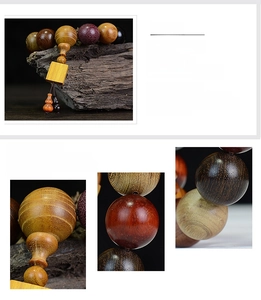 Macro detail of natural multicolored wood beads featuring rich textures and carved pendants