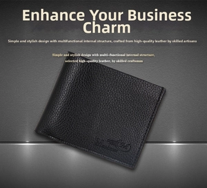 Detail of black lychee grain PU leather men's wallet with embossed metallic letter M logo