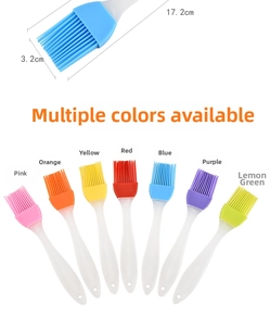 Close-up of silicone oil brushes in seven colors with 17.2cm length and plastic handle