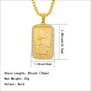 Collier hip hop doré avec pendentif portrait carré et bordure en strass sur chaîne 76 cm