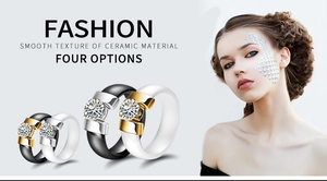 Detail view of 6mm ceramic rings with cubic zirconia inlay in black and white styles