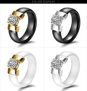 Detailed color display of 6mm ceramic rings in black and white with cubic zirconia
