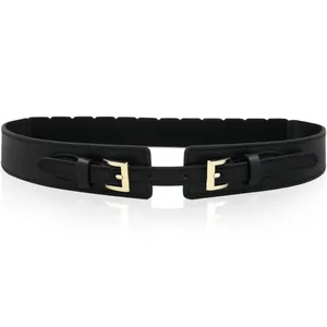 Women's black elastic waist belt with double gold metal buckles on a white background