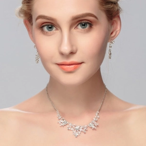 Detailed view of model wearing elegant silver pearl necklace and earring jewelry set