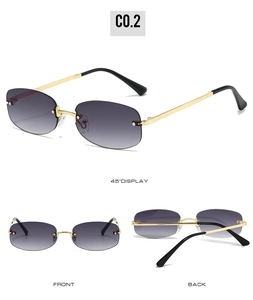 Three views of rimless Y2K sunglasses with grey gradient lenses and gold metal temples