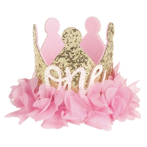 Sparkling gold crown with pink chiffon frills and 'one' lettering for 1st birthday parties