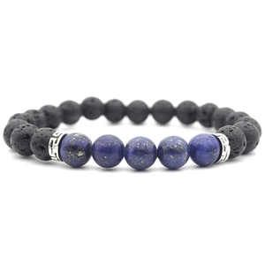 Detailed view of 8mm lava rock and lapis lazuli beads with silver alloy spacers