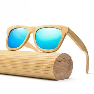 Detail view of bamboo sunglasses with blue mirror lenses and matching bamboo case