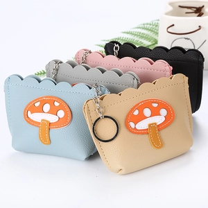 Detailed collection of mini PU leather coin purses with mushroom patches in five colors