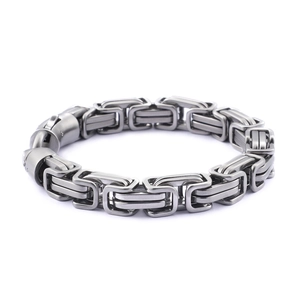 Industrial matte silver stainless steel byzantine chain bracelet for men in white background