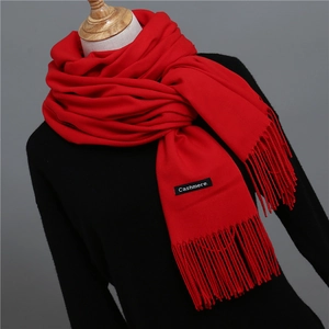 Detail shot of solid red cashmere scarf featuring dense fringe edges and woven brand tag