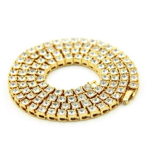 Detailed view of 5mm gold hip hop necklace with round clear crystals and box clasp