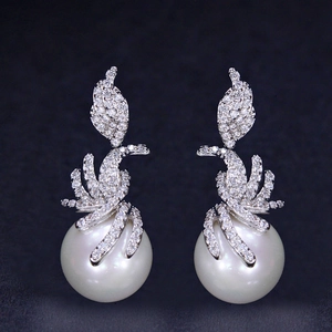 Elegant Drop Earrings With White Artificial Pearl And AAA Zirconia Brass Luxury Style Jewelry For Women