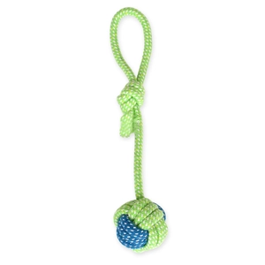 Detail of durable hand-woven cotton rope dog toy in green and white for teeth cleaning