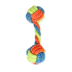 Durable cotton rope dog chew toy with blue red and green braided double knot ball design