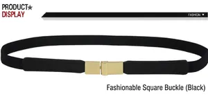 Detail view of black elastic belt featuring a minimalist light gold square metal buckle