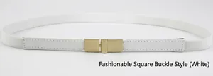 Detail of white elastic waist belt featuring a polished gold-tone square metal buckle
