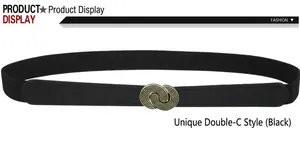 Close-up of black elastic waist belt with antique bronze double ring metal buckle