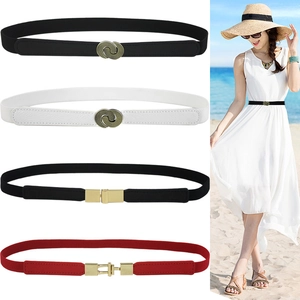 Elastic skinny waist belts for women in black white and red with vintage metal buckles