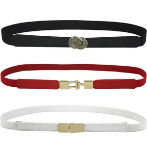 Elastic skinny waist belt for women in black, red and white with gold metal buckles