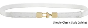 Detail of white thin elastic waist belt with gold interlocking buckle on white background